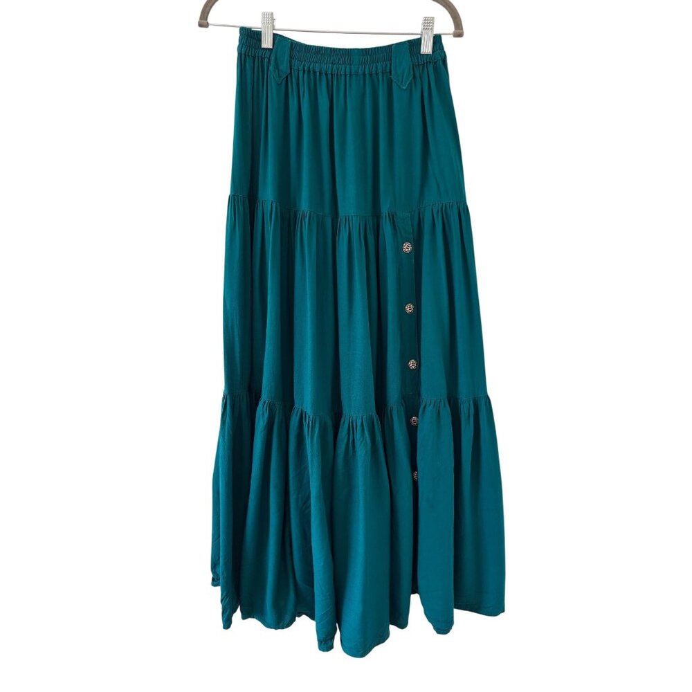Side Saddle -Style Teal Maxi Skirt Button Details Tiered Design Womens Size S